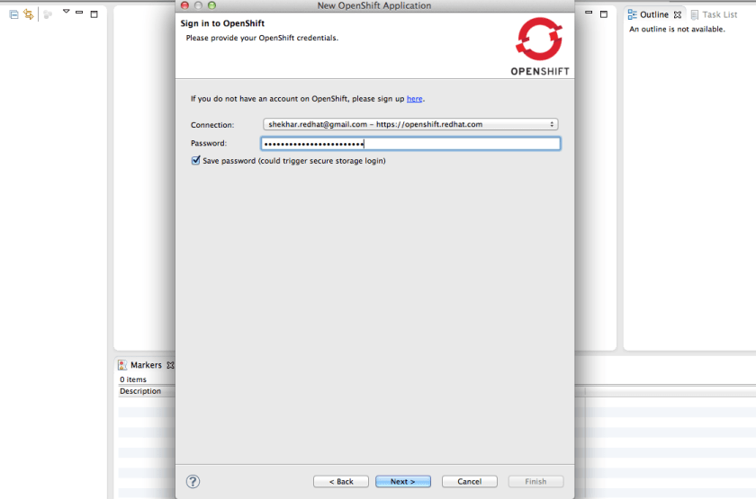 Create Application Enter OpenShift Credentials